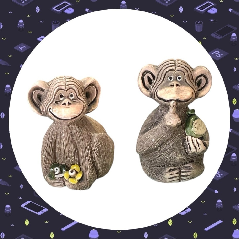 2 Vintage Artesania Rinconada Uruguay Clay Art Pottery Monkeys Figurines Signed